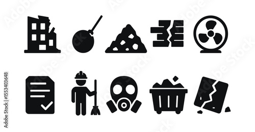 Construction, demolition solid icon set. safety, equipment, building tools collection