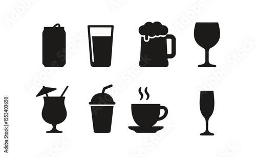 Beverage silhouette icon set. drinks, glasses, coffee, beer vector collection
