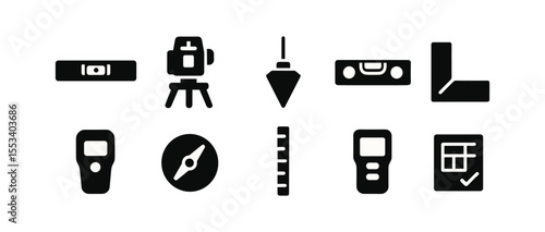Construction tools solid icon set. essential equipment icons for builders and architects