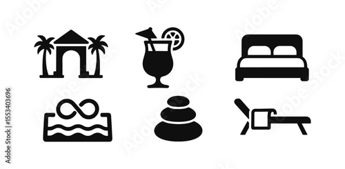 Vacation, leisure solid icon set. travel, beach, hotel, relaxation solid collection