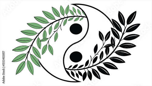 Elegant yin yang symbol adorned with green and black laurel leaves on white background