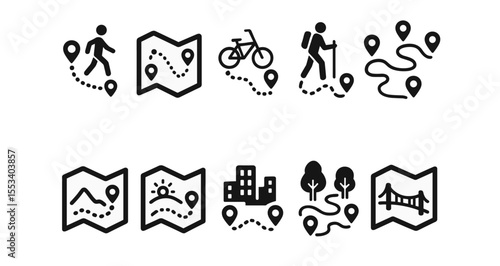 Hiking, biking linear icon set. adventure, navigation, exploration outline collection
