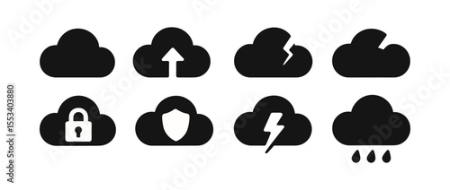 Cloud computing solid icon set. data security, weather forecast, backup icons