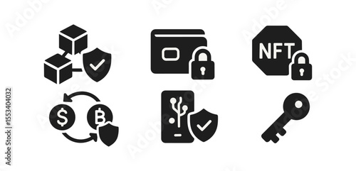 Blockchain, cryptocurrency solid icon set. secure crypto wallet, nft icons solid collection