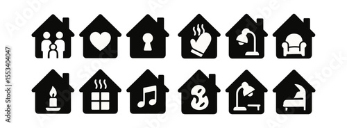 Home activity solid icon set. family, hobbies, relaxation solid icons collection