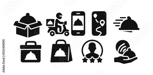 Food delivery silhouette icon set. fast, contactless service, orders silhouette icons