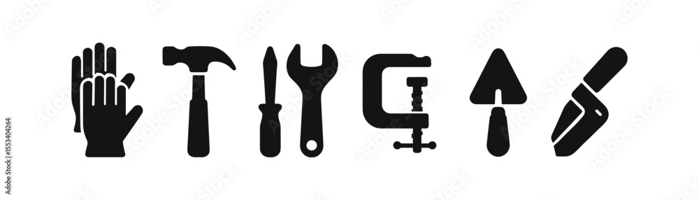 Obraz premium Tool and construction silhouette icon set. essential building tools collection