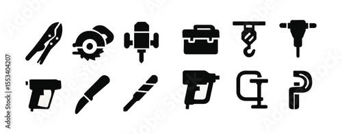 Tools silhouette icon set. construction, industrial tools silhouettes collection