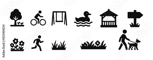 Park and recreation solid icon set. nature, outdoor activity, leisure symbols