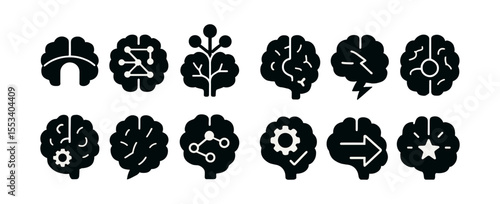 Brain, mind solid icon set. neural, cognitive, intelligence icons solid collection