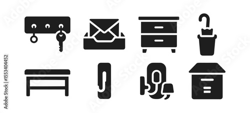 Home and office solid icon set: furniture, decor, and more in bold