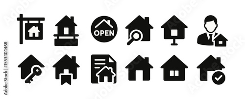 Real estate solid icon set. housing, property, realtor, home buying, selling, icons solid