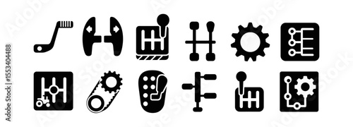 Automotive, machinery solid icon set. gear, parts, components in solid style