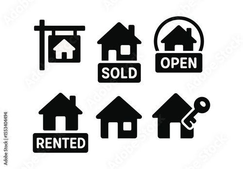 Real estate silhouette icon set. sold, open, rented, keys, house icons collection