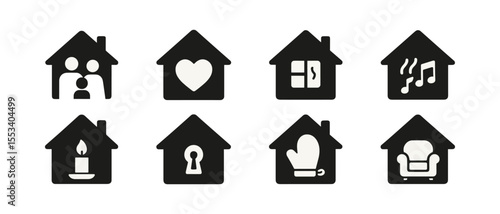 Home, lifestyle solid icon set. cozy living, family, heart icons solid collection