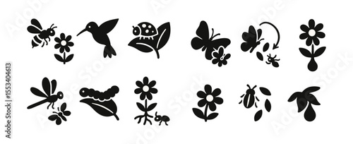 Nature and wildlife silhouette icon set. flowers, insects, animals silhouette collection