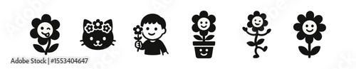 Gardening, nature silhouette icon set. happy flowers, plants for eco projects