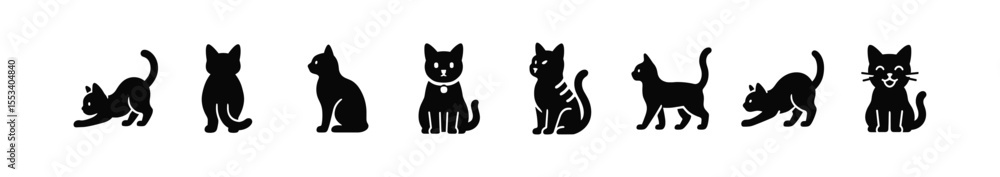 Obraz premium Cat silhouette icon set. feline, pet symbols in simple silhouette style