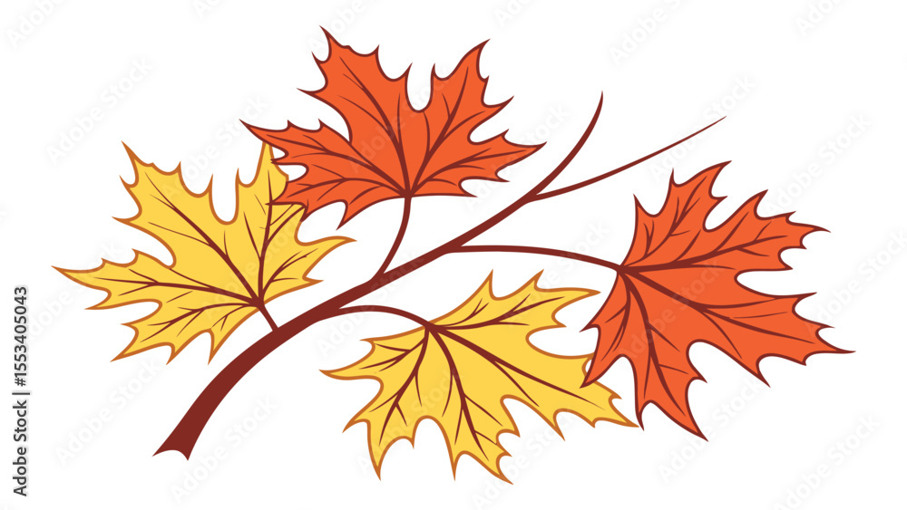 Stylized illustration of colorful autumn maple leaves in warm orange and yellow hues on a branch Stylized illustration of colorful autumn maple leaves in warm orange and yellow hues on a branch
