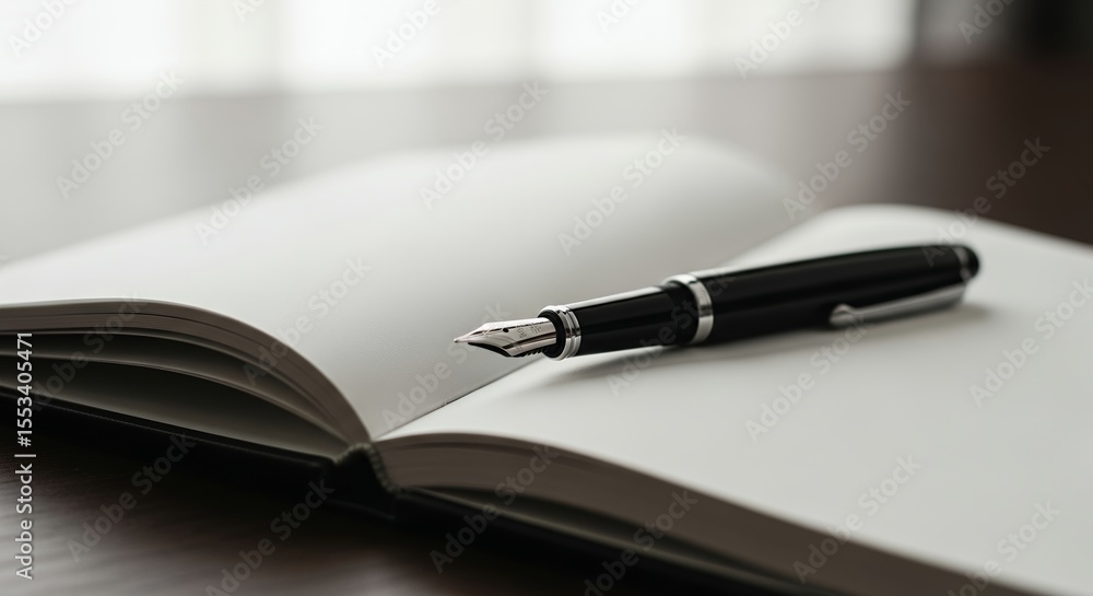 Elegant Black Fountain Pen Resting on Open Blank Notebook Pages Elegant Black Fountain Pen Resting on Open Blank Notebook Pages