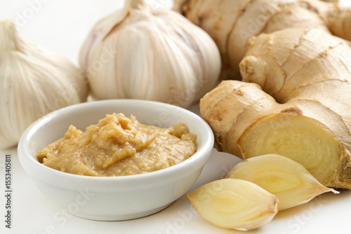 Fresh ginger and garlic with homemade paste on white background