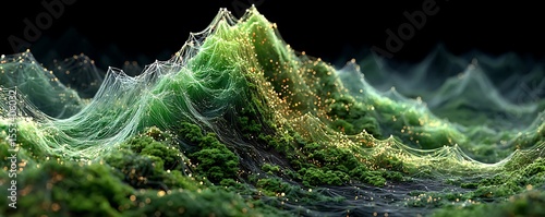 Wireframe forest made of data points glowing in emerald over dark terrain