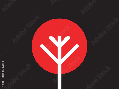 Minimalist Geometric Red and White Tree Symbol on Black Background Icon