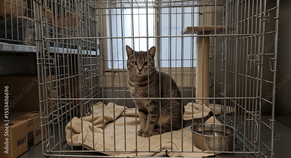 Obraz premium Sad Cat Awaits Adoption: A Gray Tabby in a Cage on National Adopt A Cat Month
