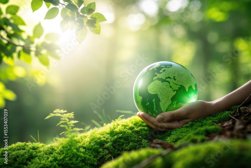 Gentle hands cradle a lush green earth amidst sunlit forest foliage