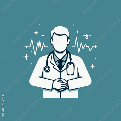 Minimal medical illustration of a male doctor with a stethoscope, surrounded by heartbeat lines and medical symbols on a blue background