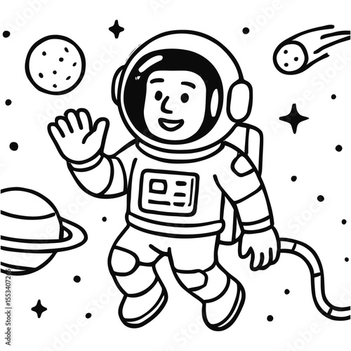 Happy Cartoon Astronaut in Space Line Drawing
