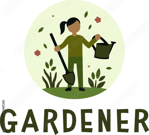 Flat vector illustration of a female gardener holding a shovel and bucket, surrounded by leaves and flowers. Gardening and nature design