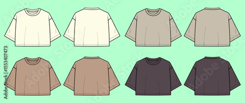 Women drop shoulder with crop short sleeve t-shirt technical drawing fashion flat sketch.