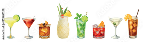 Watercolor vector set of classic cocktails including Margarita, Mojito, Martini, and more. Vectors isolated on white background.