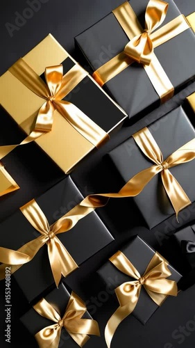 Elegant arrangement of black and gold wrapped presents with ribbons, displayed on a plain black surface