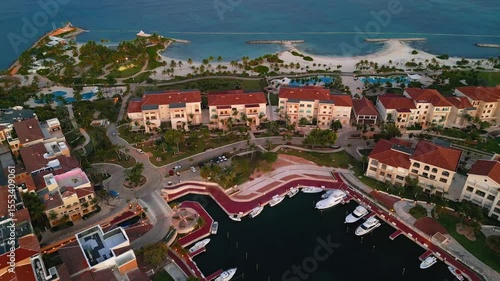 Luxury Marina with Yachts at Sunset in Cap Cana, Dominican Republic. Aerial view
