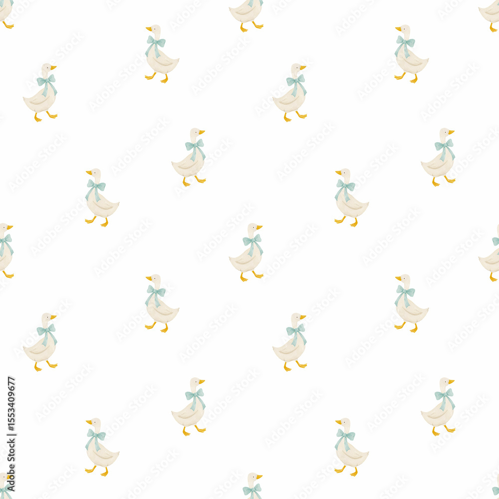 Watercolor seamless pattern with cute white ducks in blue bows. Perfect for baby textiles, nursery wallpaper, kids prints, and gender-neutral fabric design. Watercolor seamless pattern with cute white ducks in blue bows. Perfect for baby textiles, nursery wallpaper, kids prints, and gender-neutral fabric design.