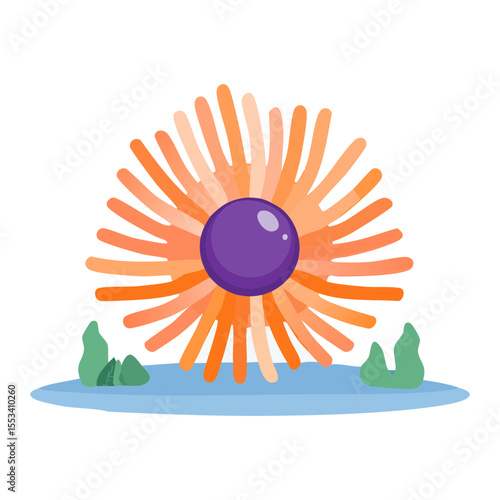 A vivid illustration of an abstract sea urchin, featuring a spherical center and radiating tentacles. The sea urchin rests in a watery setting, enhanced by small green foliage