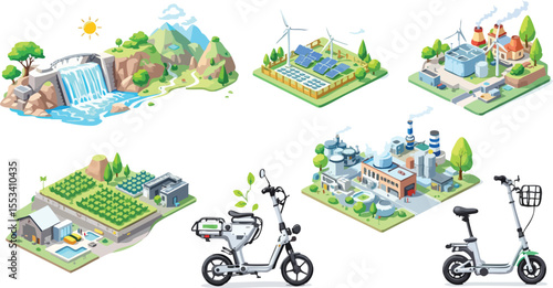 Isometric illustration depicting sustainable energy sources and eco-friendly transportation options.
