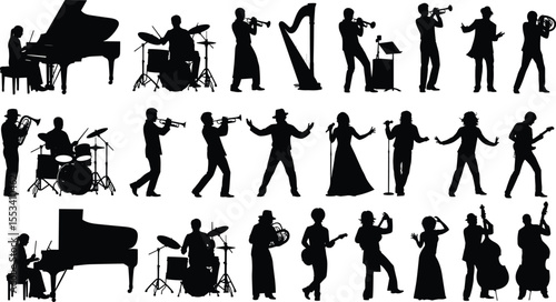 Silhouettes of musicians playing various instruments, diverse performance styles, orchestra and band members, musical artists, live concert scene illustration