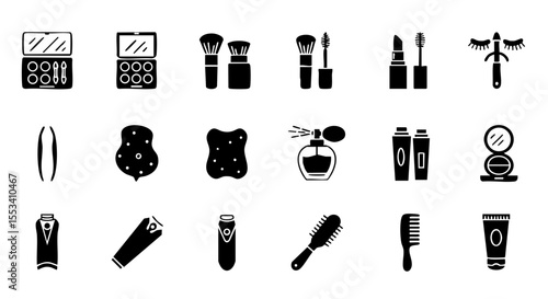 Makeup Tools and Products in Glyph Style, 15 Bold Icons