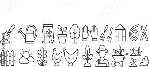 Gardening Line Icons - Thin Vector Agriculture Set (Watering Can, Seedling, Greenhouse) - Organic Farming & Grow-Your-Own Food Pictograms