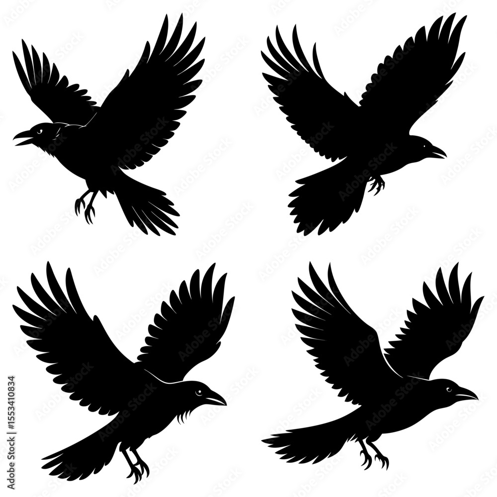 Fototapeta premium Four crows in flight isolated on white background in silhouette