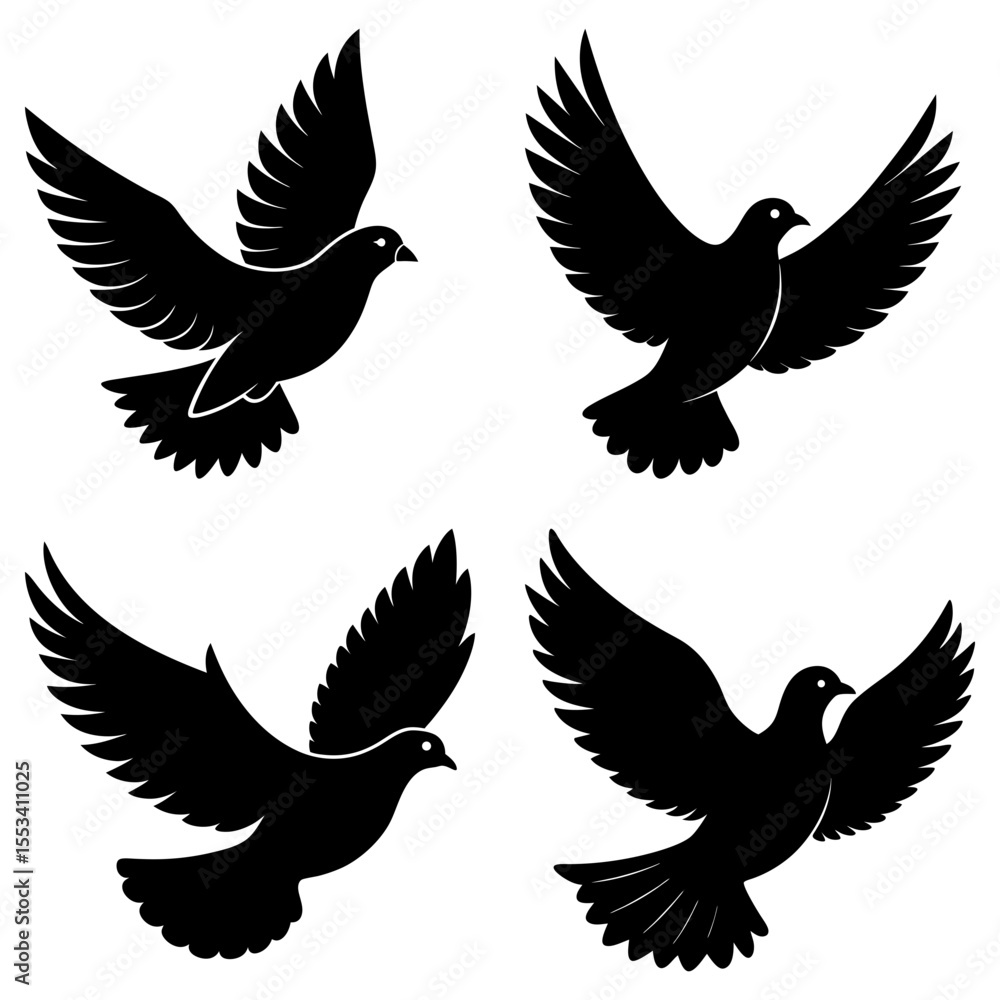 Obraz premium Four dove silhouettes in flight isolated on white background
