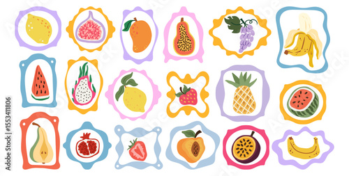 Hand drawn fruit collection in abstract frames. Colorful vector set with mango, banana, pineapple, strawberry, lemon, fig, watermelon, dragon fruit, pomegranate, peach, pear, grape, passion fruit.