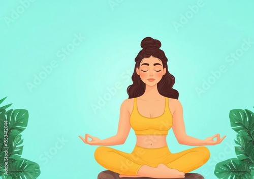 Wallpaper Mural Serene Young Woman Meditating in Yellow Outfit with Green Plants Torontodigital.ca