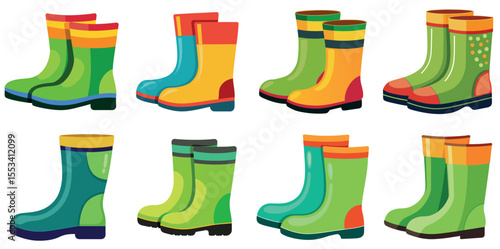 Colorful collection of vector illustration of rubber boots in various styles