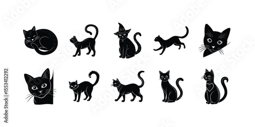 Black Cat Silhouettes Collection  Halloween Feline Vector Set