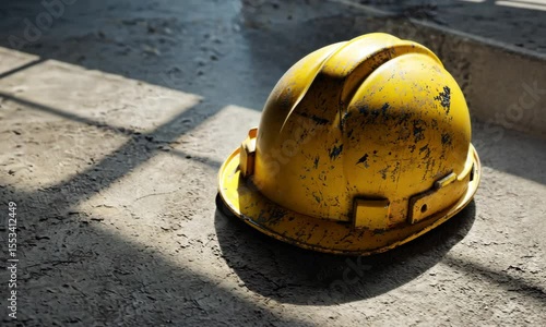 Worn Yellow Hard Hat on Concrete Ground in Sunlight