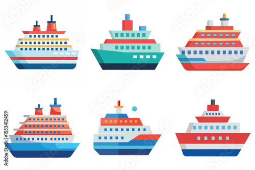 Various styles of colorful cruise ships sailing on the sea with passengers vector illustrations